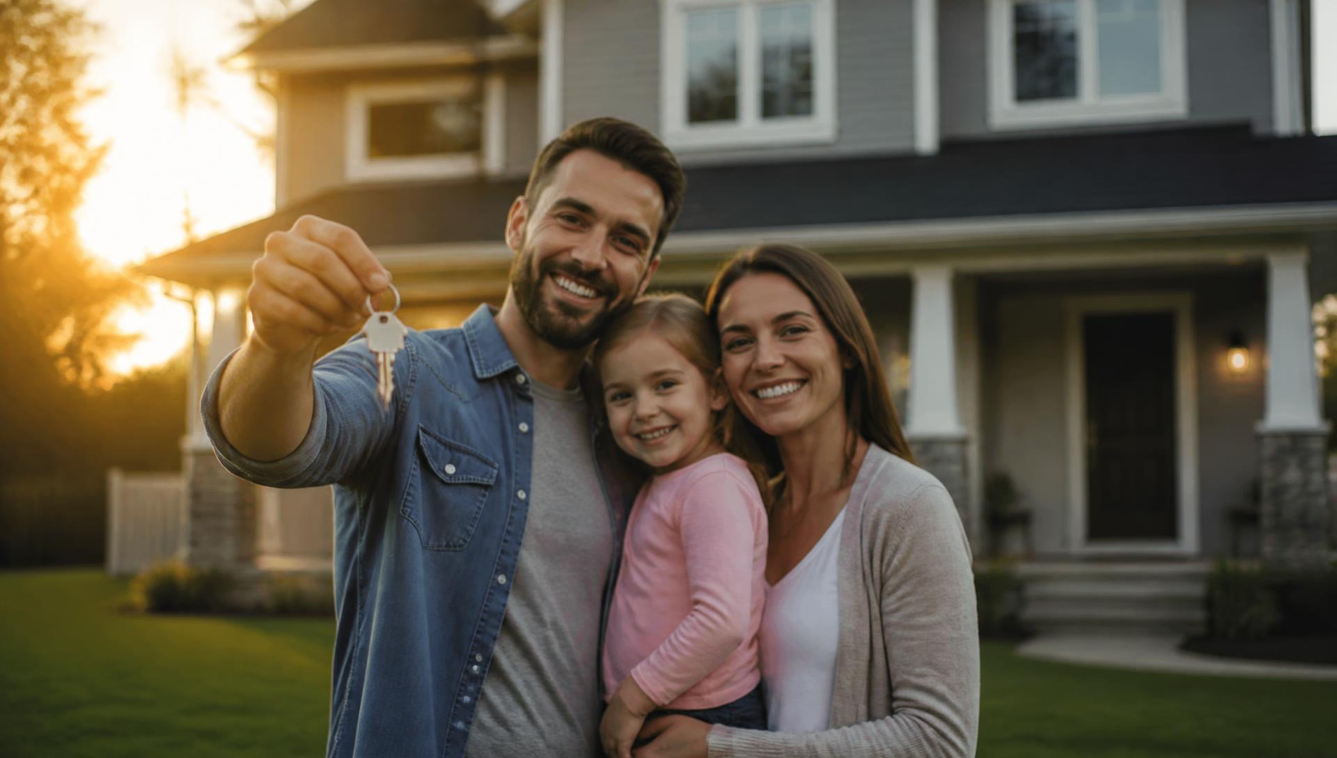 A family holding the keys to their new home at sunset
